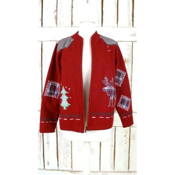 Vintage red woven knit Christmas wool patchwork cardigan sweater - Picture 4 of 5
